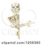 Cartoon Of A Happy Human Skeleton Pointing To A Sign Royalty Free Vector Clipart