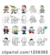 Colored And Outlined People And Children In Halloween Costumes And Uniforms