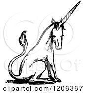 Clipart Of A Vintage Black And White Sitting Unicorn Royalty Free Vector Illustration