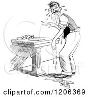 Clipart Of A Vintage Black And White Wet Man At A Sink Royalty Free Vector Illustration