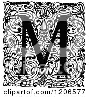 Poster, Art Print Of Vintage Black And White Monogram M Letter Over Swirls