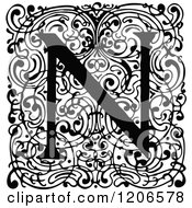 Clipart Of A Vintage Black And White Monogram N Letter Over Swirls Royalty Free Vector Illustration