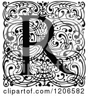 Poster, Art Print Of Vintage Black And White Monogram R Letter Over Swirls