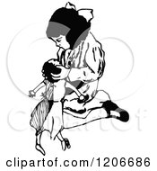 Clipart Of A Vintage Black And White Girl Playing With A Doll Royalty Free Vector Illustration
