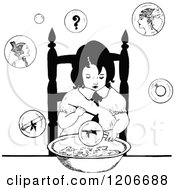 Clipart Of A Vintage Black And White Girl Eating And Dreaming Royalty Free Vector Illustration