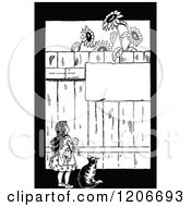 Clipart Of A Vintage Black And White Girl And Cat Looking At A Sign On A Fence With Sunflowers Royalty Free Vector Illustration