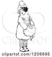 Clipart Of A Vintage Black And White Girl With A Hand Muff Royalty Free Vector Illustration