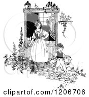 Clipart Of A Vintage Black And White Mother Watching Her Son Royalty Free Vector Illustration