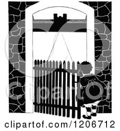 Clipart Of A Vintage Black And White Girl Going Through A Gate Royalty Free Vector Illustration