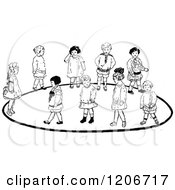Clipart Of A Vintage Black And White Group Of Children Playing A Game Royalty Free Vector Illustration