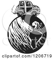 Clipart Of A Car Driving On Earth Black And White Woodcut Royalty Free Vector Illustration by xunantunich
