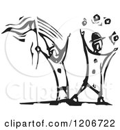 Clipart Of A Clown Waving A Flag And A Man Juggling Black And White Woodcut Royalty Free Vector Illustration by xunantunich