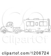 Cartoon Of An Outlined Man Driving A Pickup Truck And Hauling A Camper Trailer Royalty Free Vector Clipart