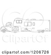 Cartoon Of An Outlined Man Driving A Pickup Truck And Hauling A Camper Fifth Wheel Trailer Royalty Free Vector Clipart
