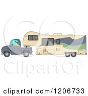 Poster, Art Print Of Man Driving A Pickup Truck And Hauling A Camper Fifth Wheel Trailer