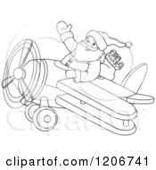 Poster, Art Print Of Outlined Santa Flying A Biplane And Waving