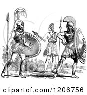 Clipart Of Vintage Black And White Grecian Warriors Royalty Free Vector Illustration