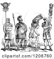 Clipart Of Vintage Black And White Roman Soldiers Royalty Free Vector Illustration
