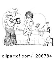 Clipart Of A Vintage Black And White Robber And Woman Jumping Out Of A Bath Royalty Free Vector Illustration
