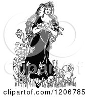 Poster, Art Print Of Vintage Black And White Princess With Owl And Flowers