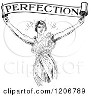 Clipart Of A Vintage Black And White Woman Holding Up A Perfection Banner Scroll Royalty Free Vector Illustration