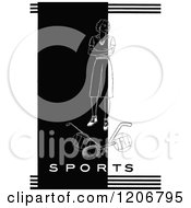 Clipart Of A Vintage Black And White Woman With Sports Items And Text Royalty Free Vector Illustration