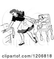 Clipart Of A Vintage Black And White Woman Packing Her Clothes Royalty Free Vector Illustration
