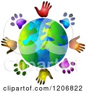 Poster, Art Print Of Globe Circled By Diverse Hand And Paw Prints