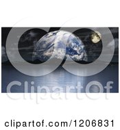 Clipart Of A 3d Earth And Moon Over The Horizon Of An Alien Sea Royalty Free CGI Illustration