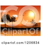 Poster, Art Print Of Orange Sunset Over Mountains Trees And Water With Birds