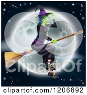 Cartoon Of A Green Halloween Witch Tipping Her Hat And Flying Her Broom Over A Full Moon Royalty Free Vector Clipart