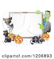 Cartoon Of A Happy Frankenstein With A Vampire Bat Cats And Halloween Pumpkins Around A White Sign Royalty Free Vector Clipart by AtStockIllustration