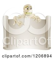 Poster, Art Print Of Happy Halloween Mummy Pointing Down To A Blank Scroll Sign