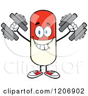 Happy Pill Mascot Lifting Dumbbells