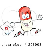 Happy Pill Mascot Running With A First Aid Kit