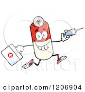 Happy Pill Mascot Running With A Syringe And First Aid Kit