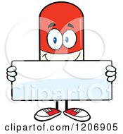 Happy Pill Mascot Holding A Sign