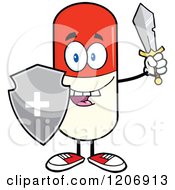 Happy Pill Mascot With A Sword And Shield