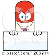 Cartoon Of A Happy Pill Mascot Over A Sign Royalty Free Vector Clipart by Hit Toon