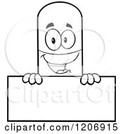 Black And White Happy Pill Mascot Holding A Sign
