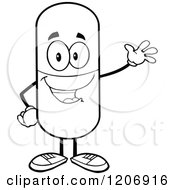 Cartoon Of A Black And White Happy Pill Mascot Waving Royalty Free Vector Clipart