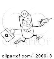 Poster, Art Print Of Black And White Happy Pill Mascot Running With A Syringe And First Aid Kit