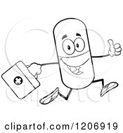 Black And White Happy Pill Mascot Running With A First Aid Kit