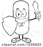 Black And White Happy Pill Mascot With A Sword And Shield
