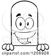 Cartoon Of A Black And White Happy Pill Mascot Over A Sign Edge Royalty Free Vector Clipart by Hit Toon