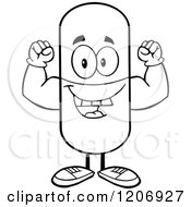 Cartoon Of A Black And White Happy Pill Mascot Flexing Royalty Free Vector Clipart by Hit Toon