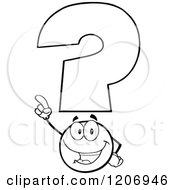 Cartoon Of A Happy Pointing Black And White Question Mark Mascot Royalty Free Vector Clipart