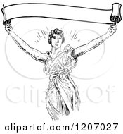 Clipart Of A Vintage Black And White Woman Holding Up A Banner Royalty Free Vector Illustration