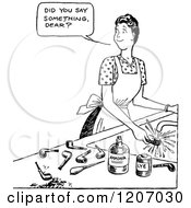 Clipart Of A Vintage Black And White Woman Using Pipe Cleaner Royalty Free Vector Illustration
