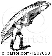 Clipart Of A Vintage Black And White Man Carrying A Boat Royalty Free Vector Illustration